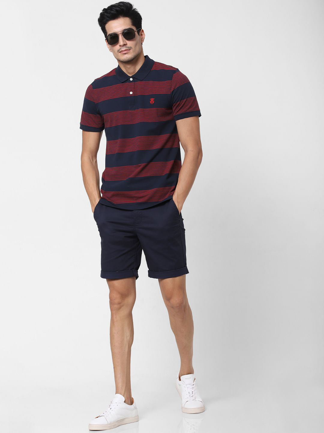 Navy Blue Striped Polo Neck T-Shirt