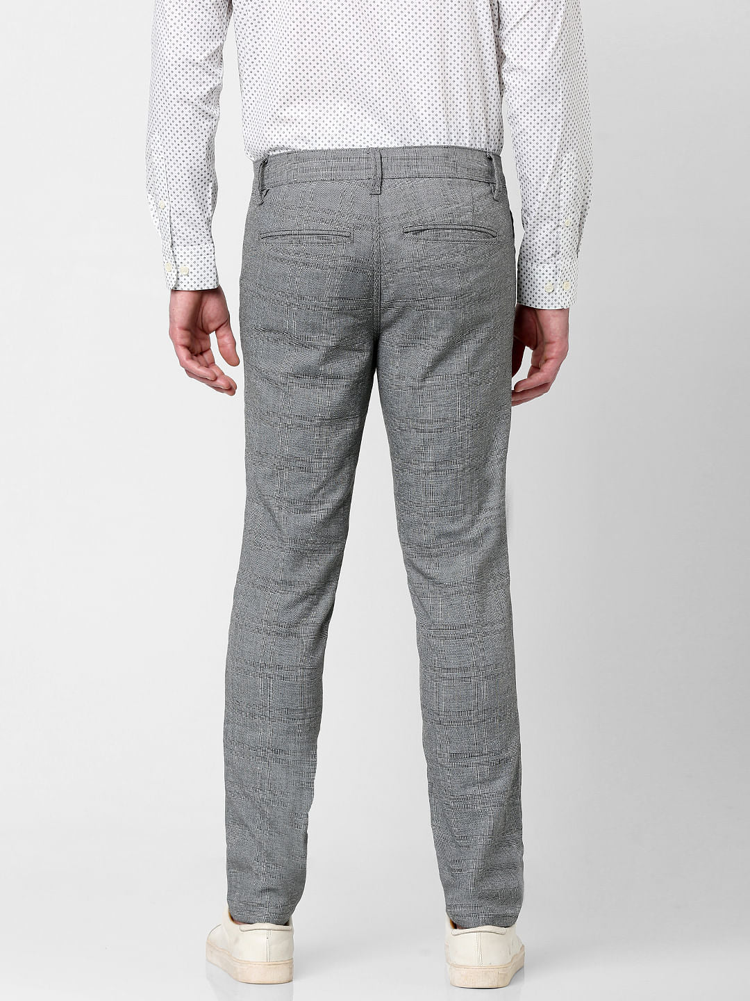 Grey Mid Rise Check Print Slim Fit Trousers