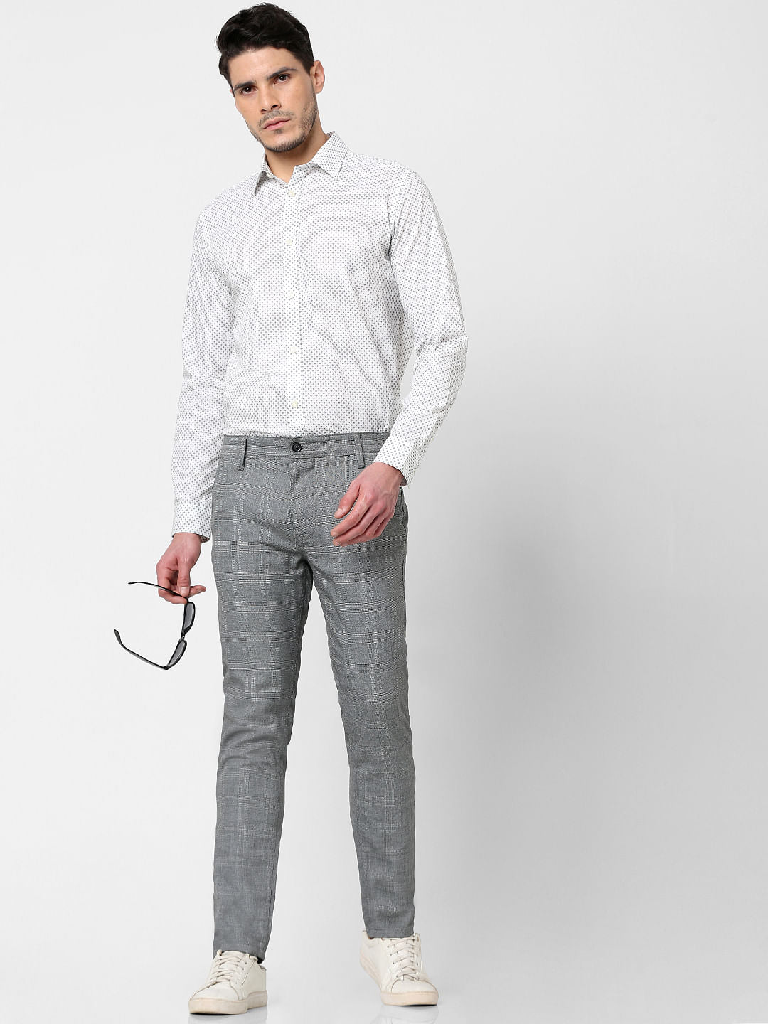 Grey Mid Rise Check Print Slim Fit Trousers