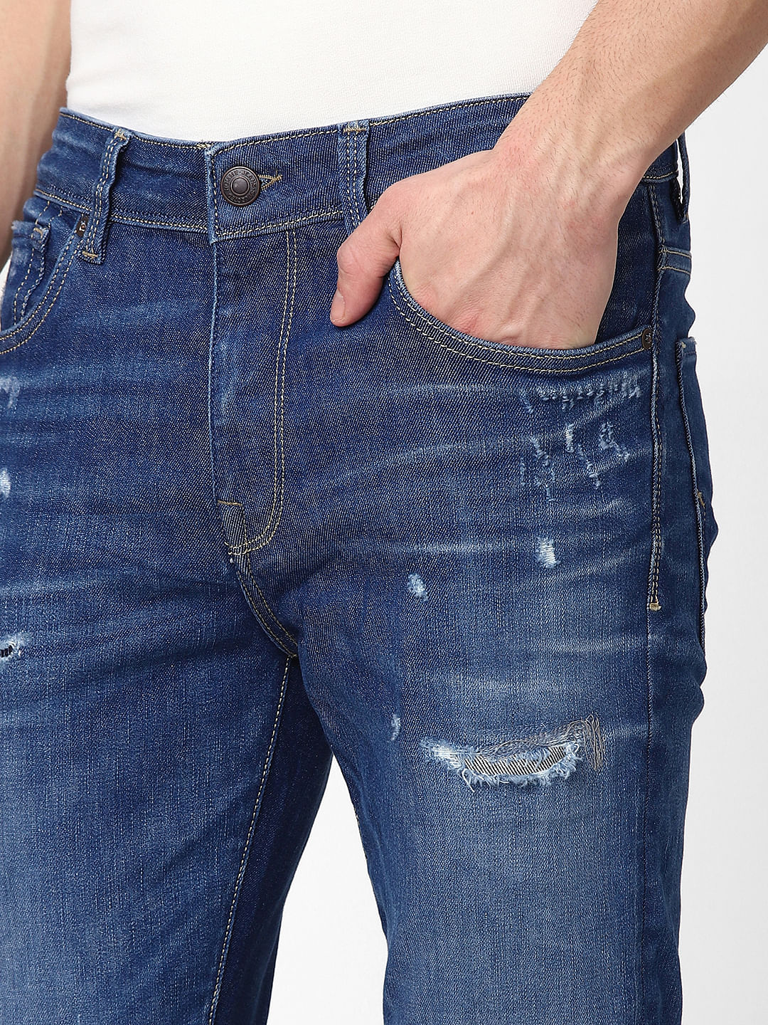 Blue Mid Rise Leon Slim Fit Ripped Jeans