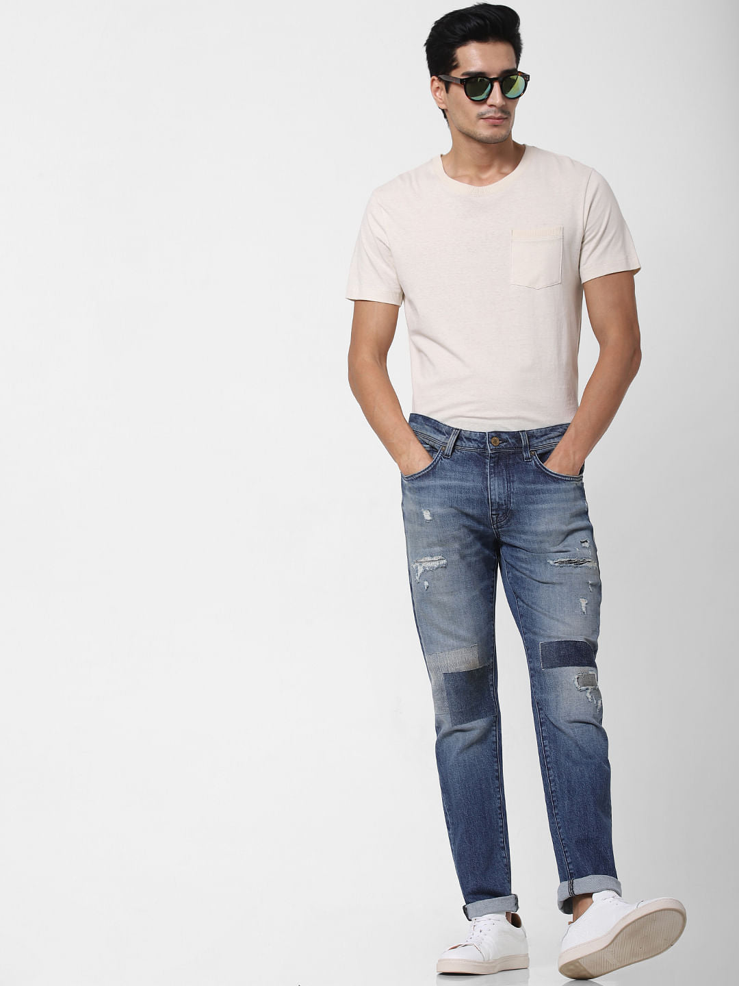 Blue Mid Rise Distressed Leon Slim Fit Jeans