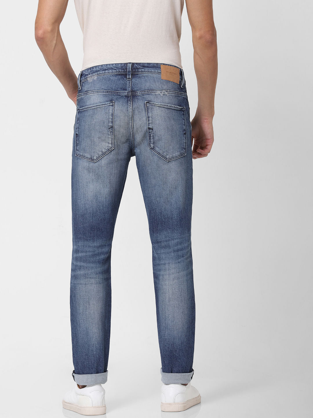 Blue Mid Rise Distressed Leon Slim Fit Jeans