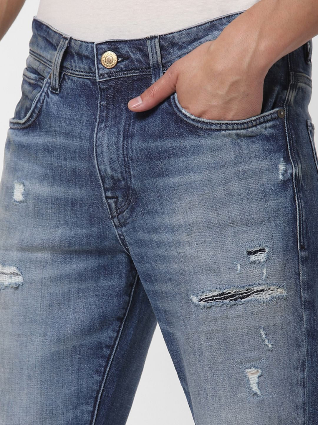 Blue Mid Rise Distressed Leon Slim Fit Jeans