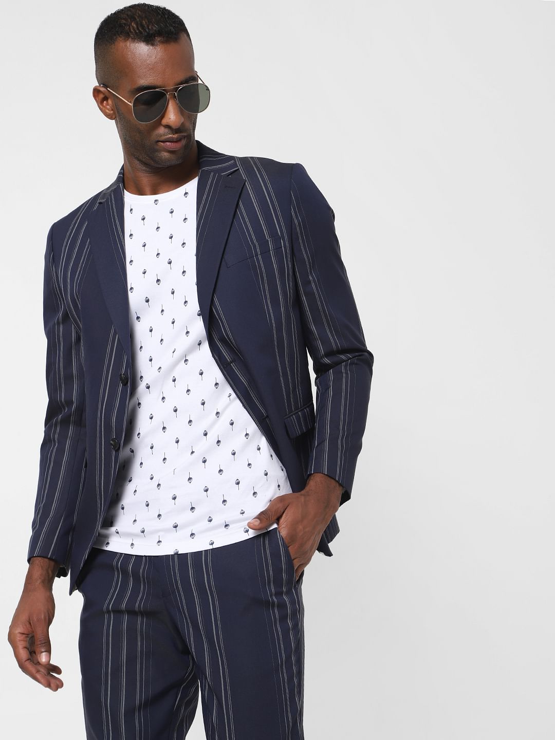 Navy Blue Striped Formal Blazer