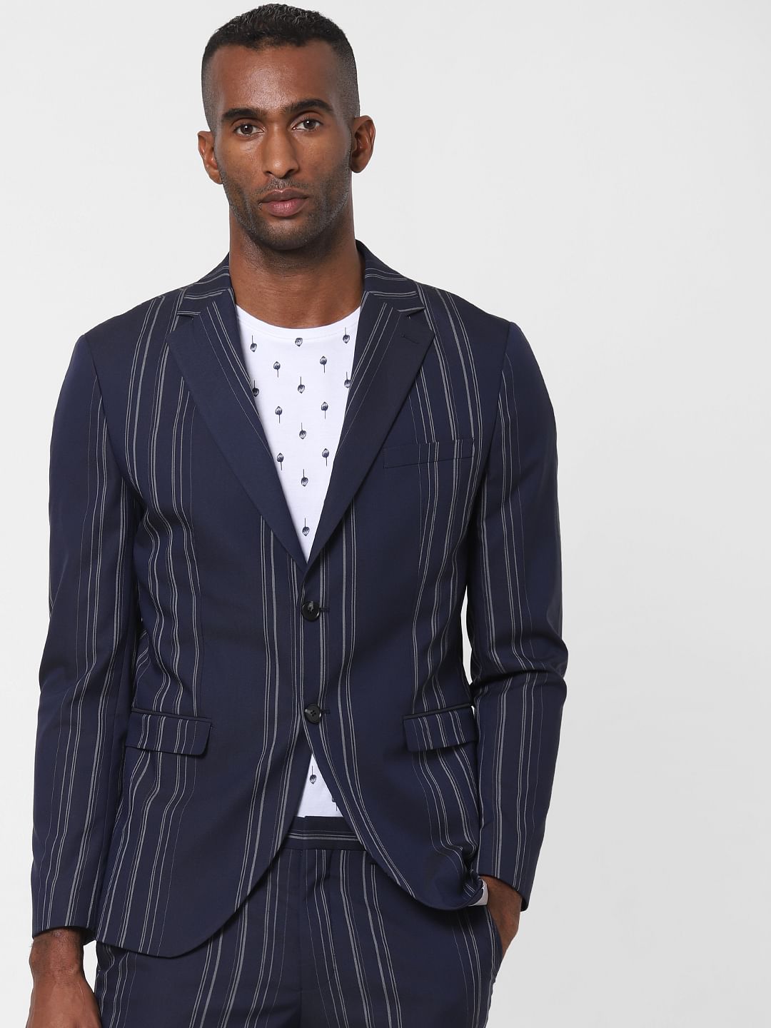 Navy Blue Striped Formal Blazer