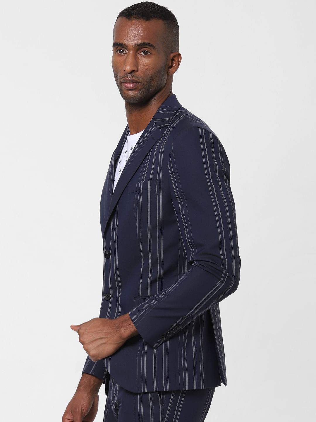 Navy Blue Striped Formal Blazer