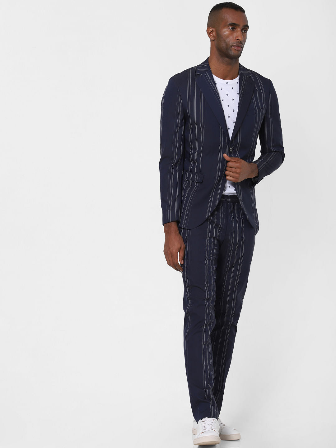 Navy Blue Striped Formal Blazer