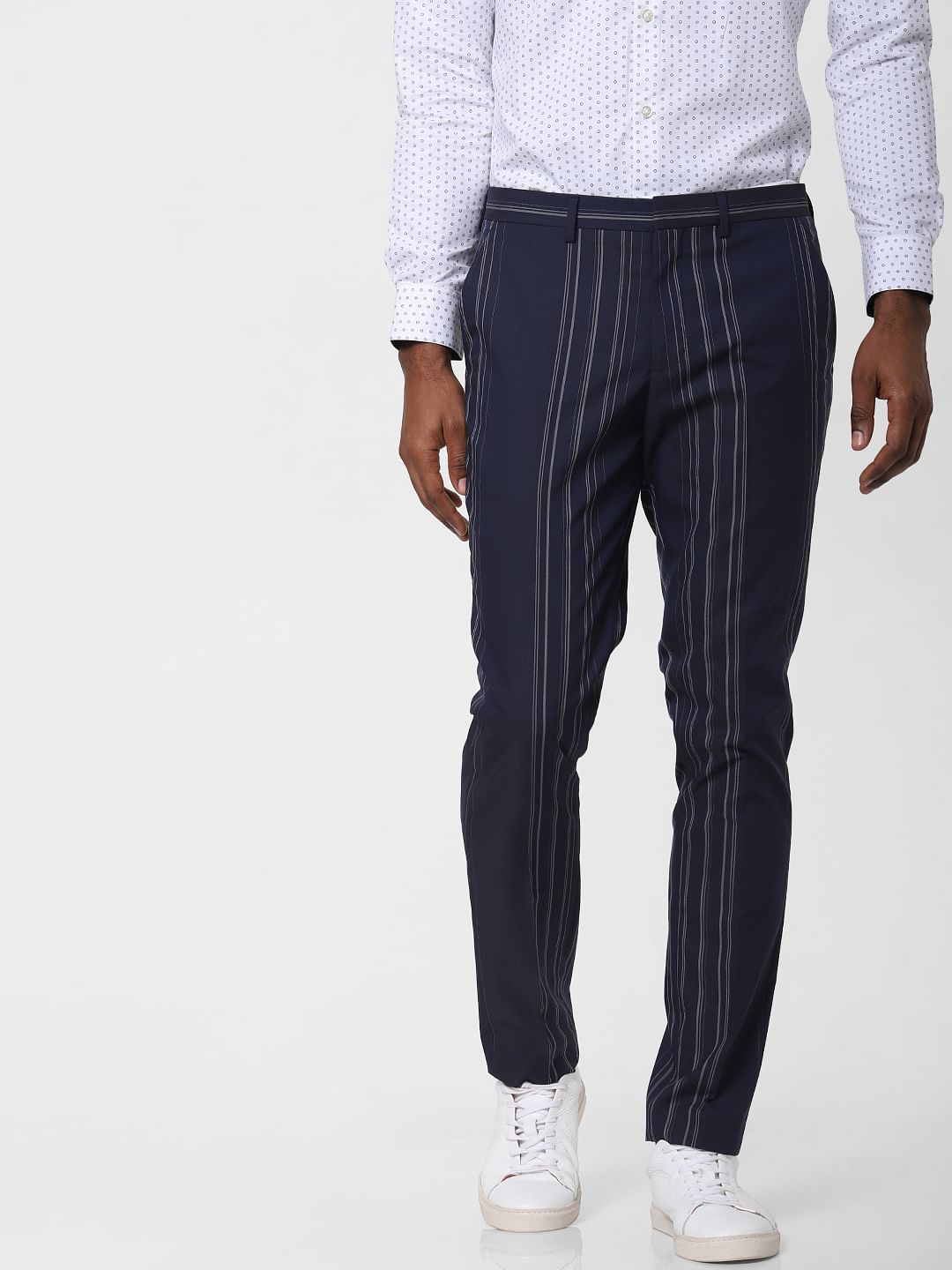 Navy Blue Striped Formal Trousers