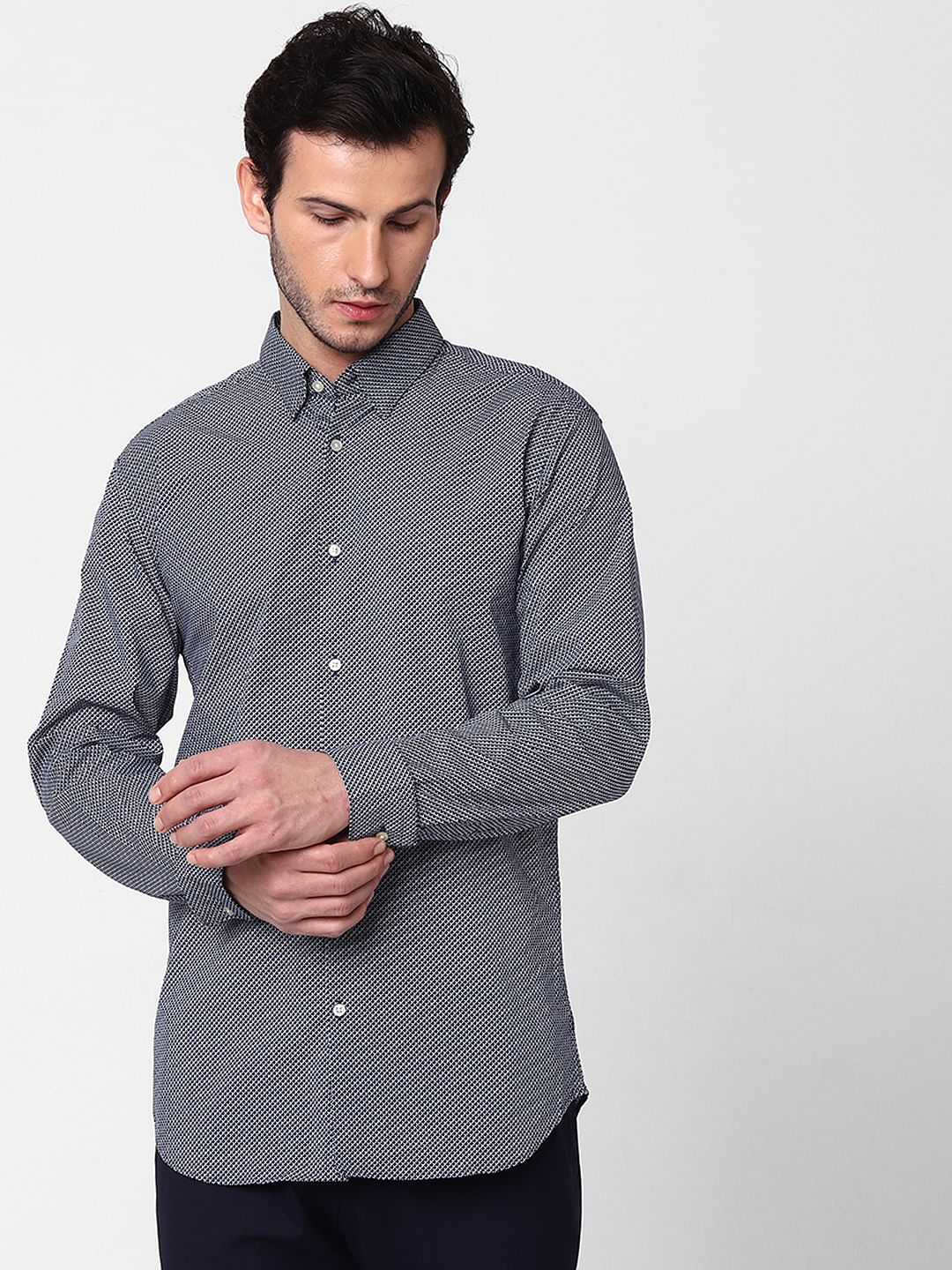 Blue Self Design Full Sleeves Shirt