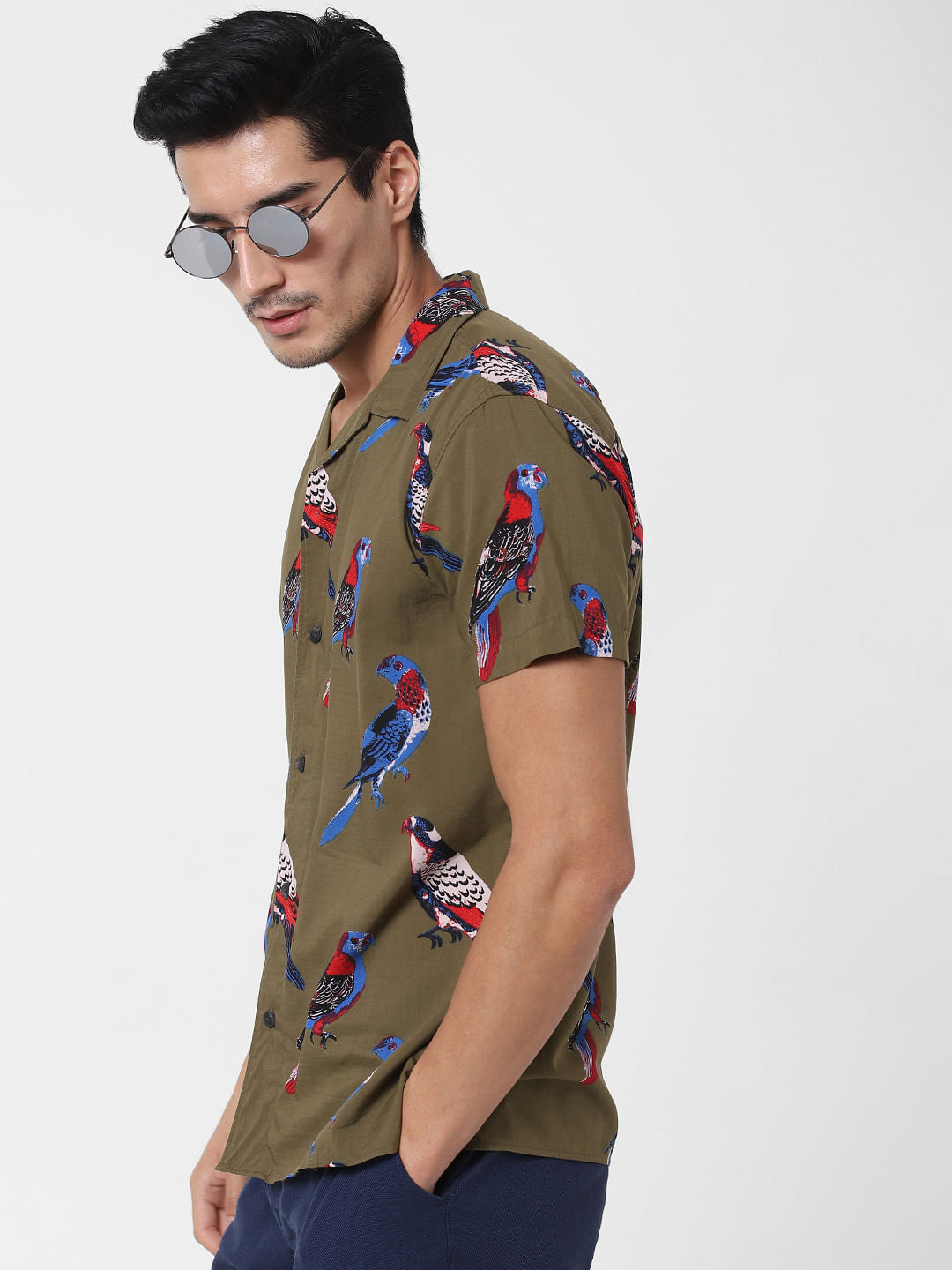 Olive Bird Print Short Sleeves Shirt