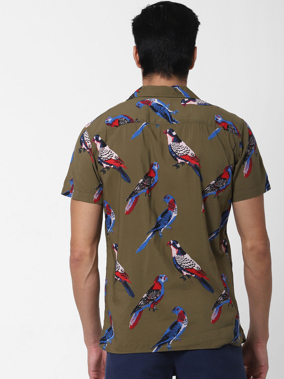 Olive Bird Print Short Sleeves Shirt