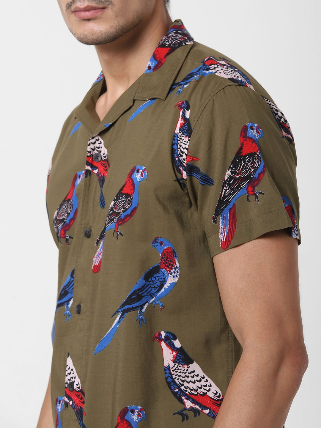 Olive Bird Print Short Sleeves Shirt