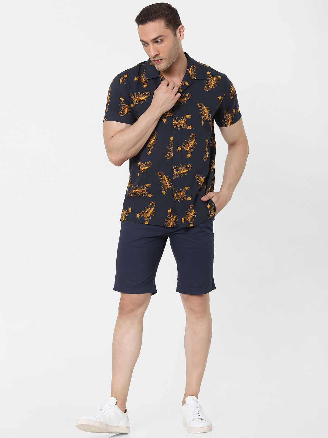 Navy Blue Scorpion Print Short Sleeves Shirt