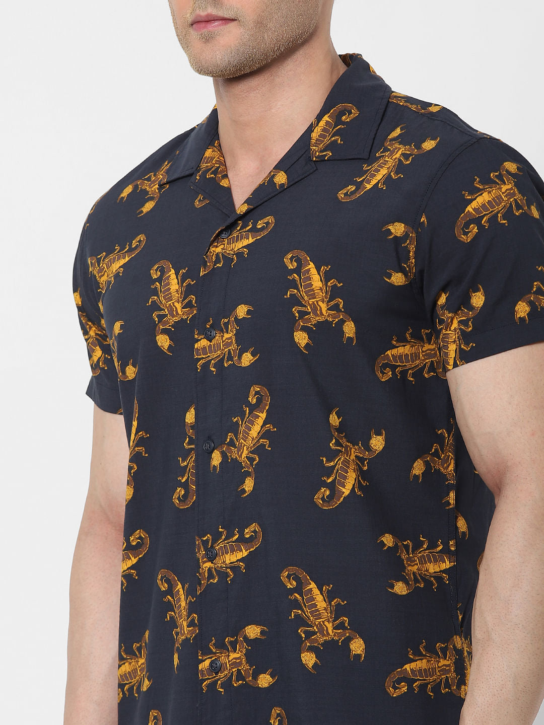 Navy Blue Scorpion Print Short Sleeves Shirt