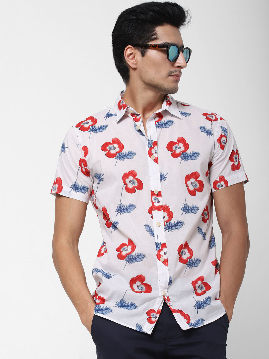 White Floral Print Short Sleeves Shirt