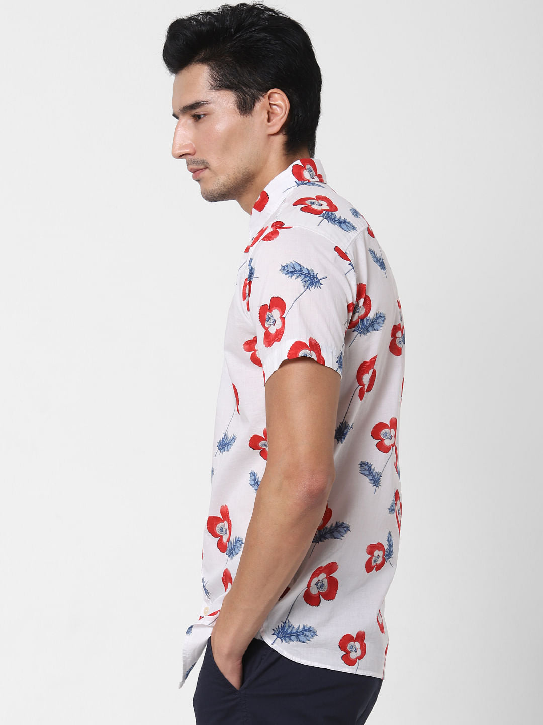 White Floral Print Short Sleeves Shirt