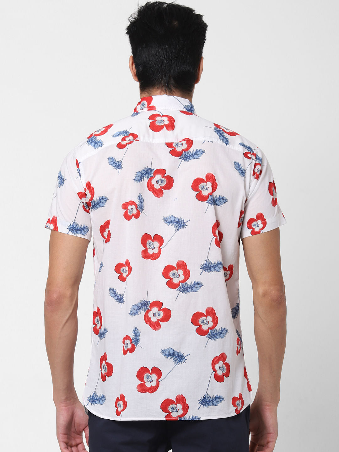 White Floral Print Short Sleeves Shirt