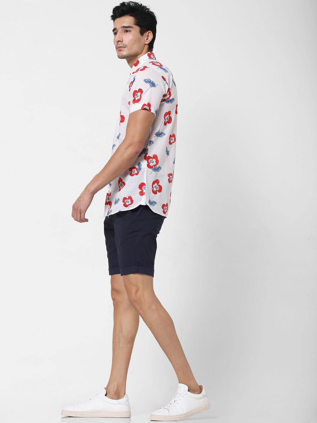 White Floral Print Short Sleeves Shirt