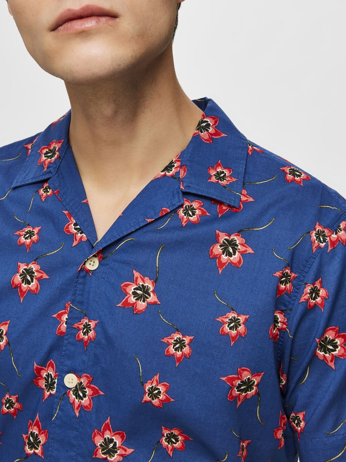 Blue Organic Cotton Half Sleeves Floral Shirt