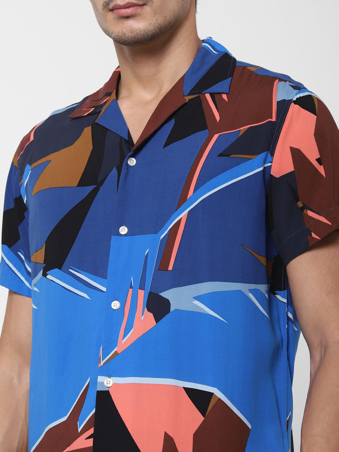 Blue Abstract Print Short Sleeves Shirt
