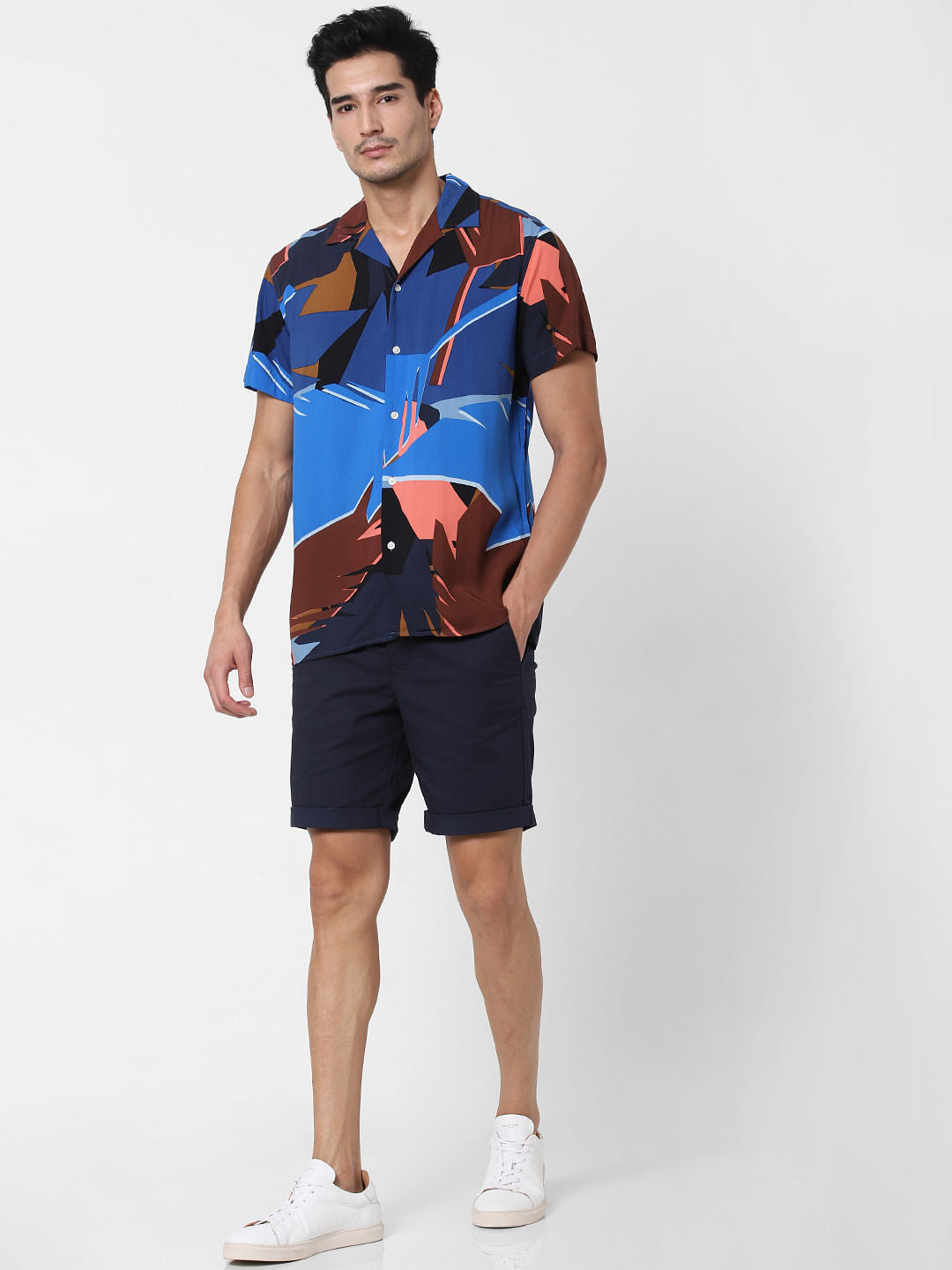 Blue Abstract Print Short Sleeves Shirt