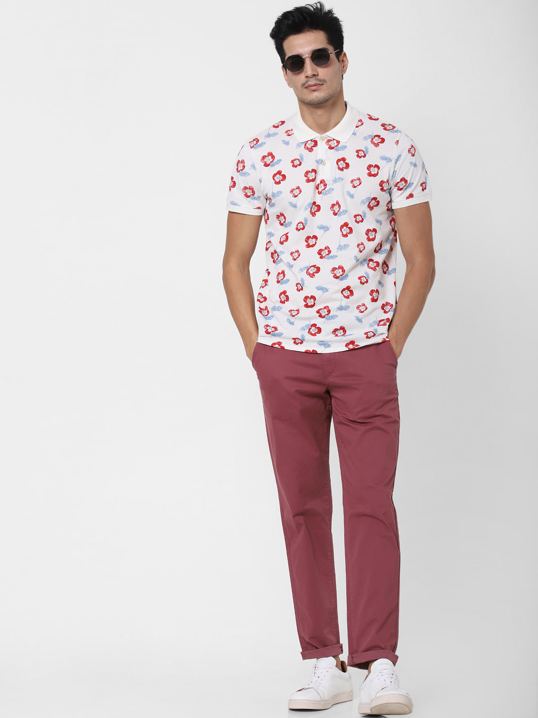 White Floral Print Polo Neck T-Shirt