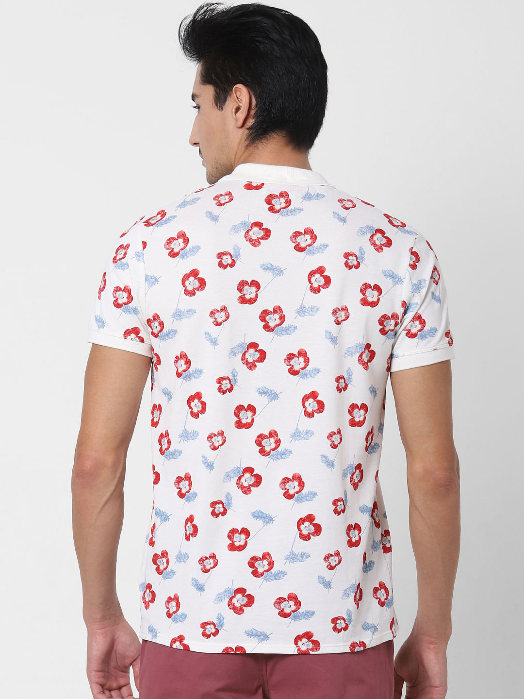 White Floral Print Polo Neck T-Shirt