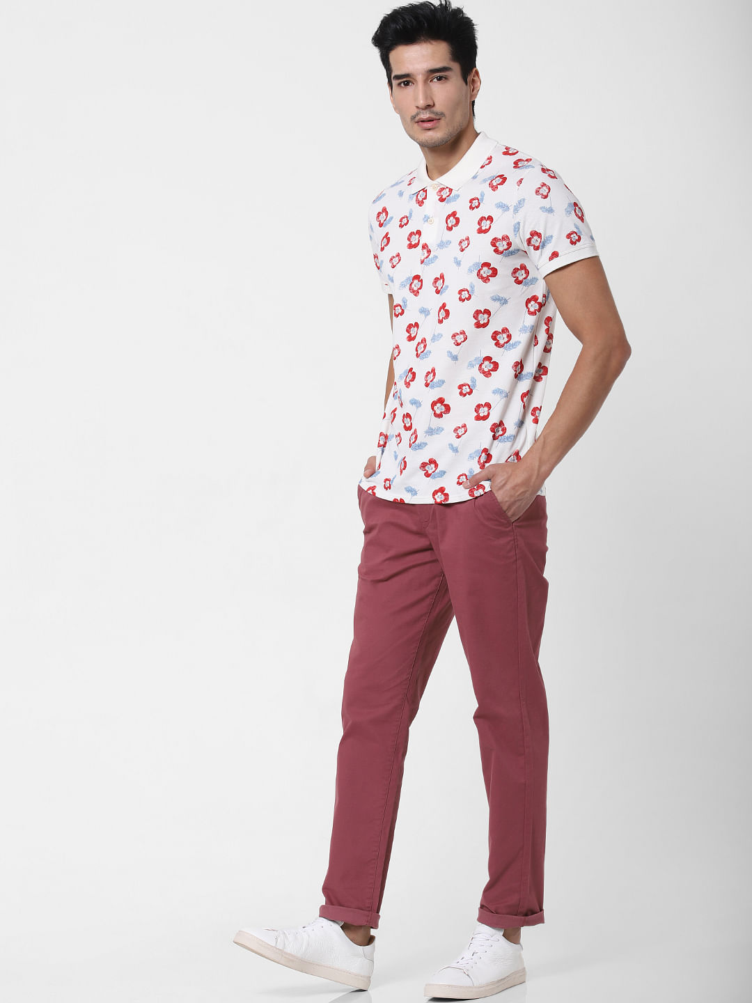 White Floral Print Polo Neck T-Shirt