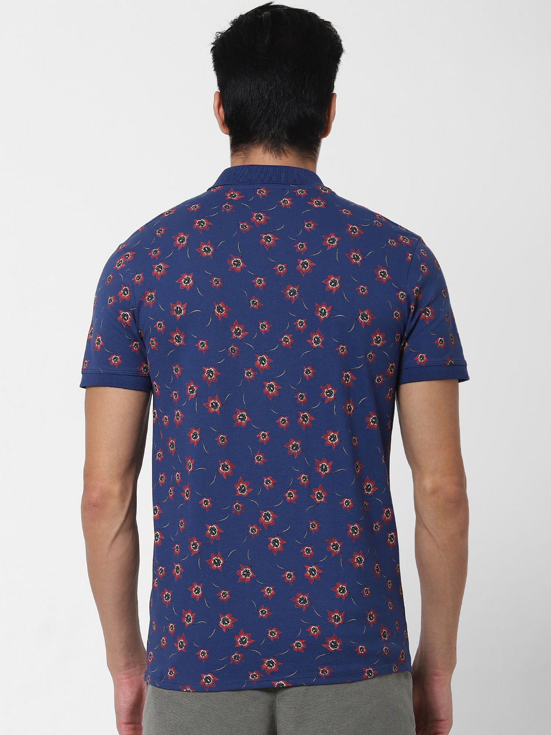 Blue Floral Print Polo Neck T-Shirt