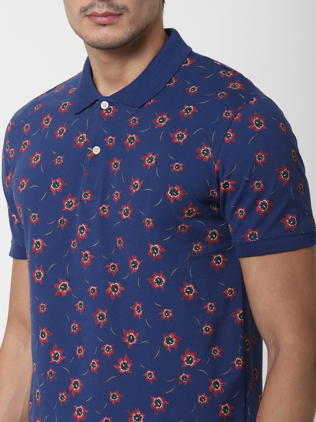 Blue Floral Print Polo Neck T-Shirt