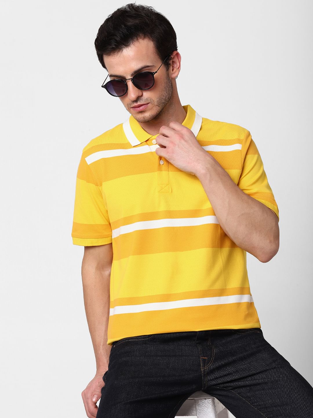 Yellow Striped Polo Neck T-Shirt