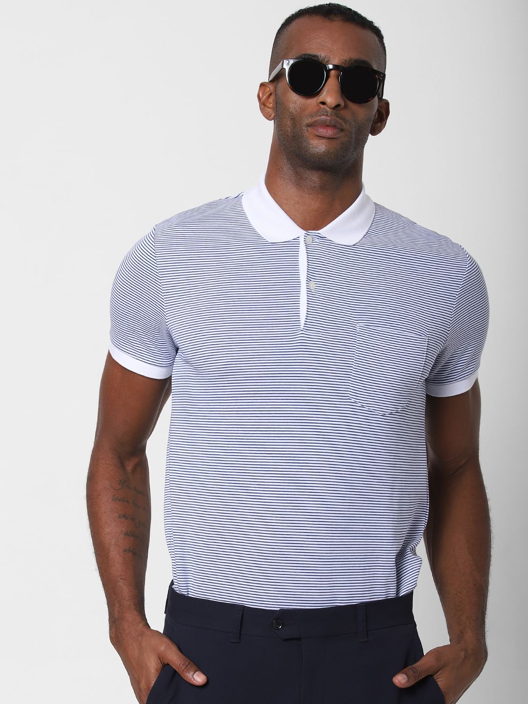 White Striped Polo Neck T-Shirt