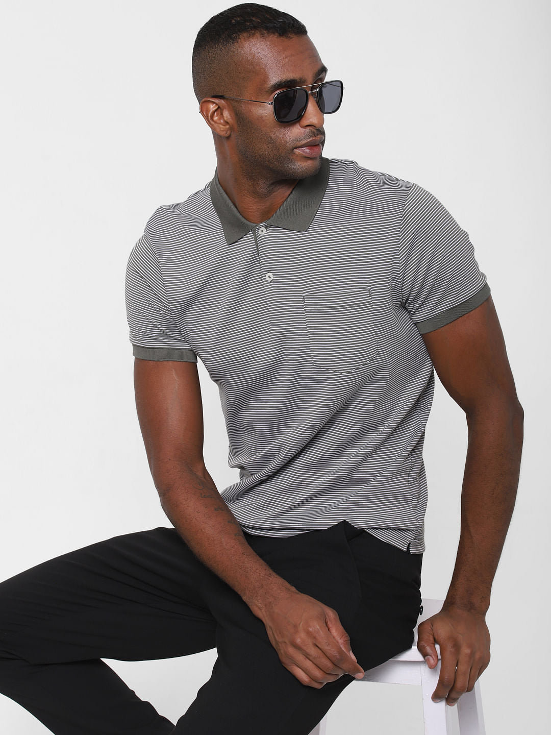 Grey Striped Polo Neck T-Shirt