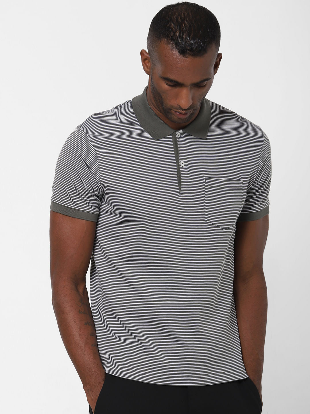 Grey Striped Polo Neck T-Shirt