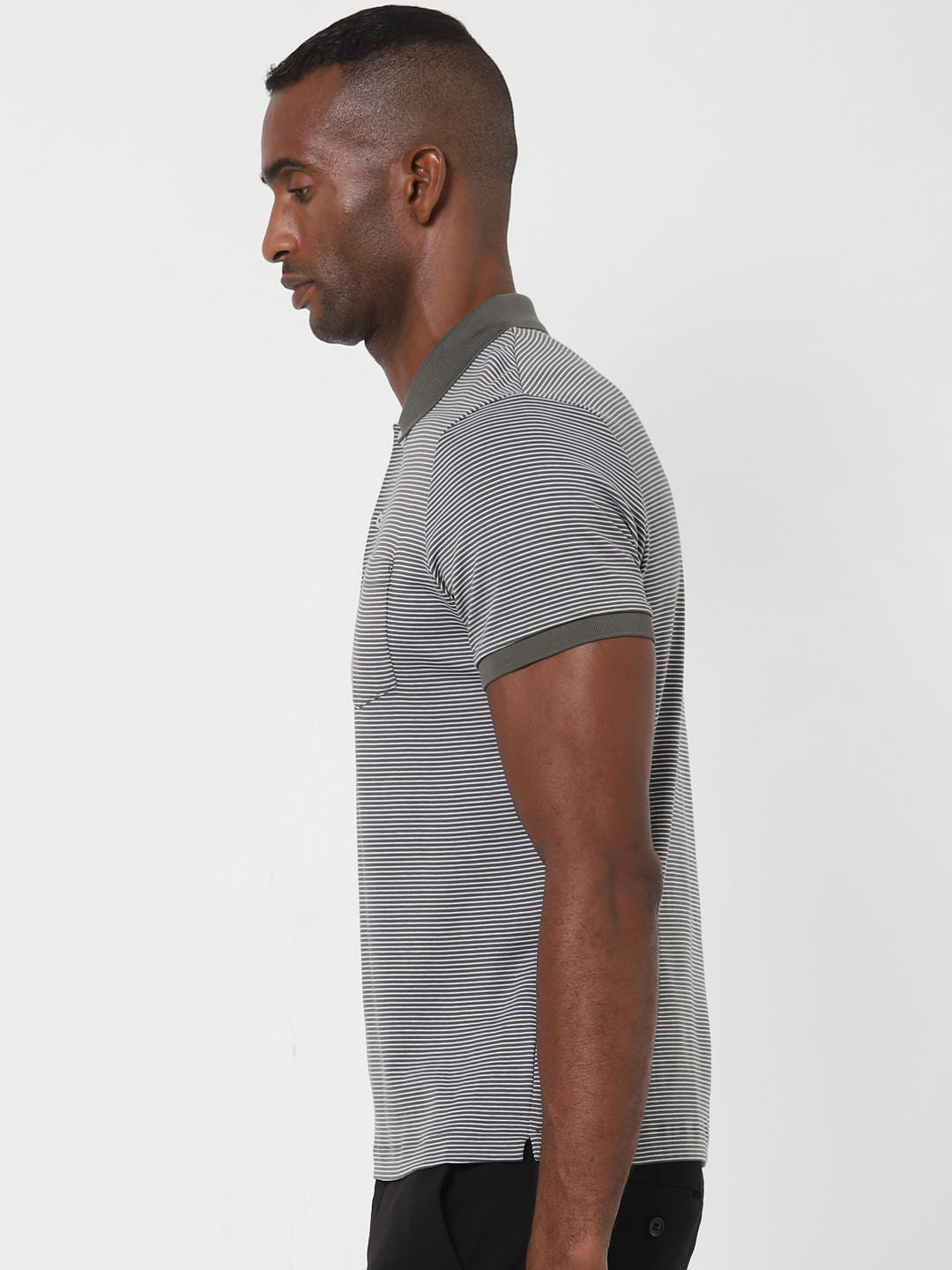 Grey Striped Polo Neck T-Shirt