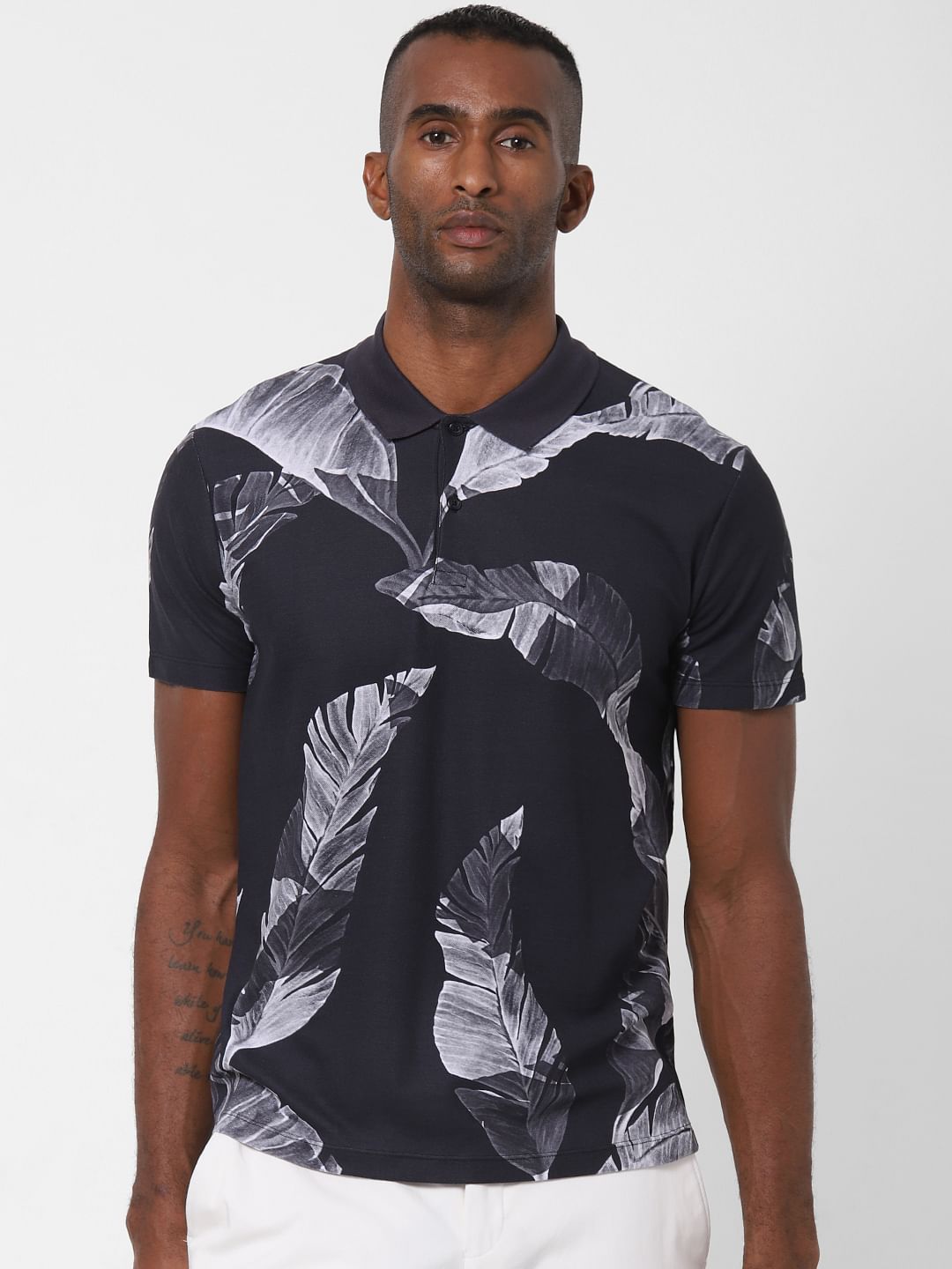 Black Printed Polo Neck T-Shirt
