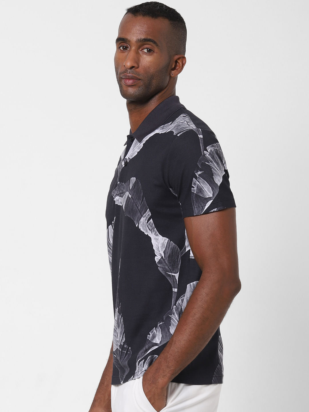 Black Printed Polo Neck T-Shirt