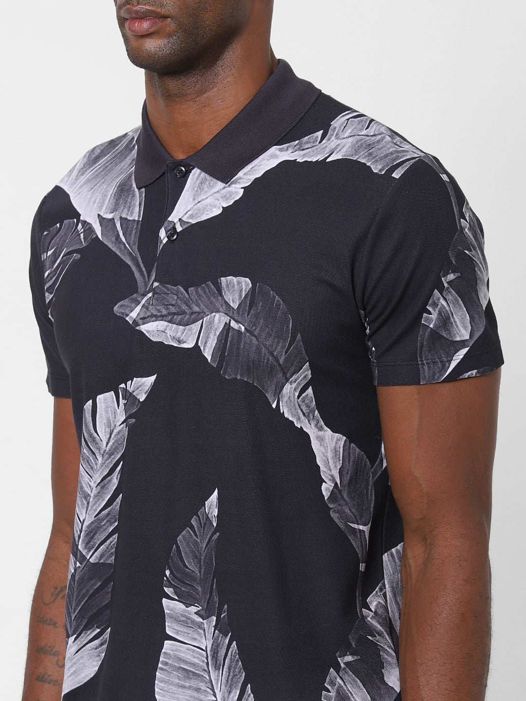 Black Printed Polo Neck T-Shirt