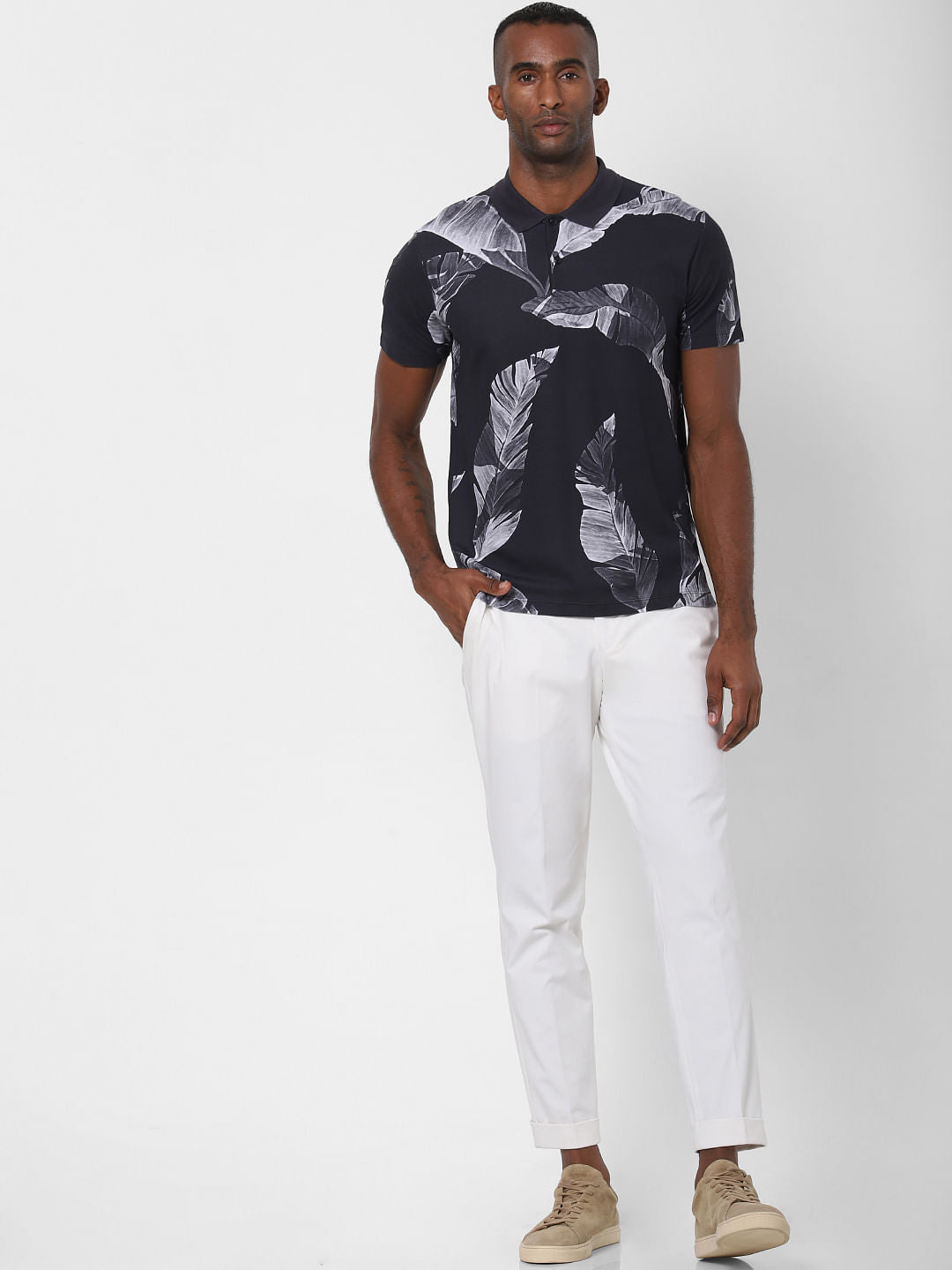 Black Printed Polo Neck T-Shirt