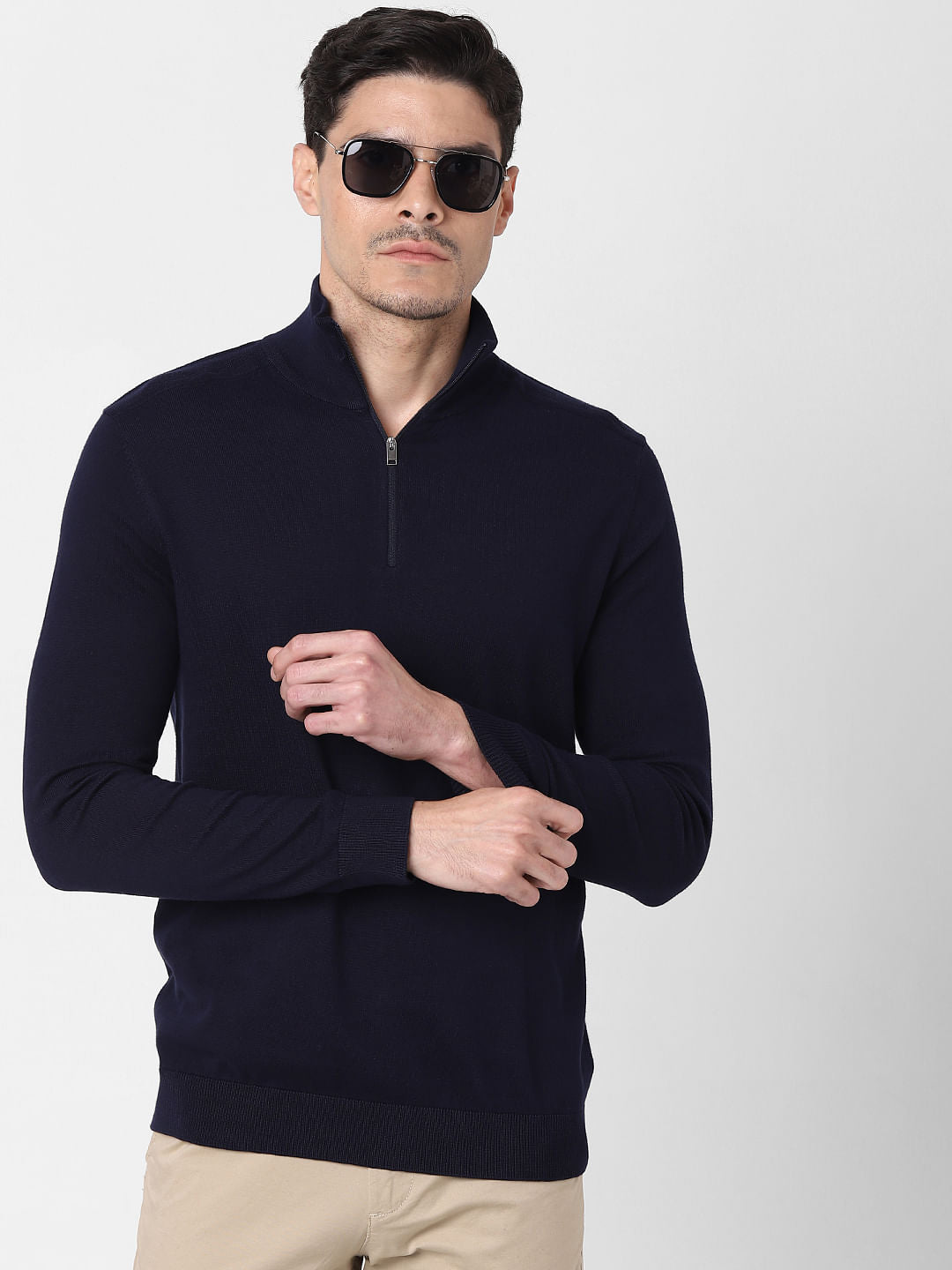 Navy Blue Zipped High Neck Pullover