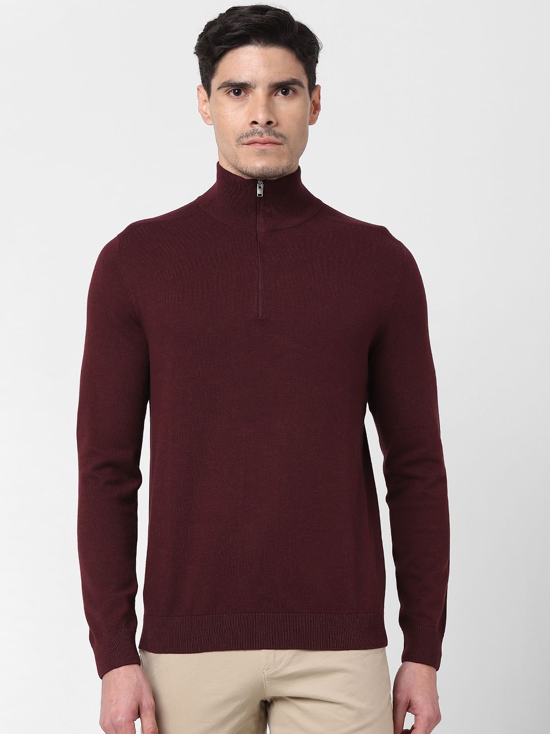 Burgundy Zipped High Neck Pullover