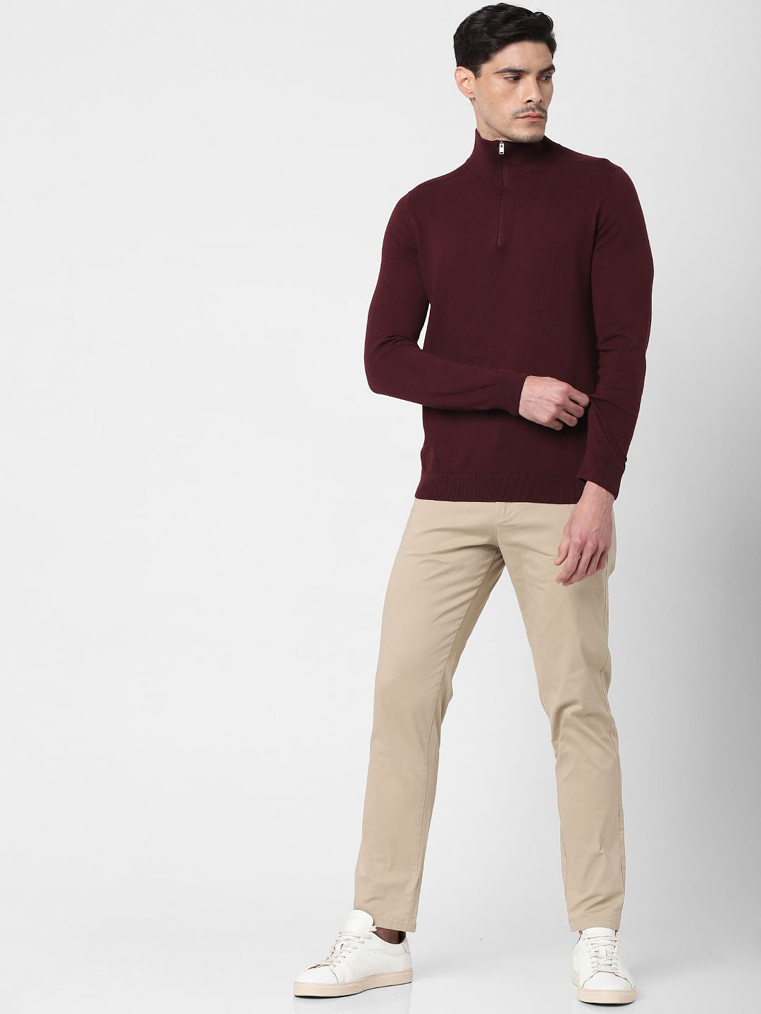 Burgundy Zipped High Neck Pullover