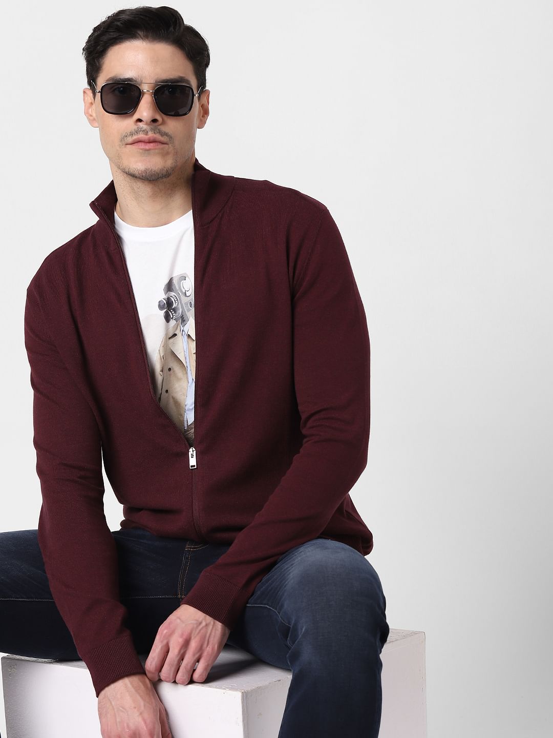 Burgundy Front Zip Open Cardigan