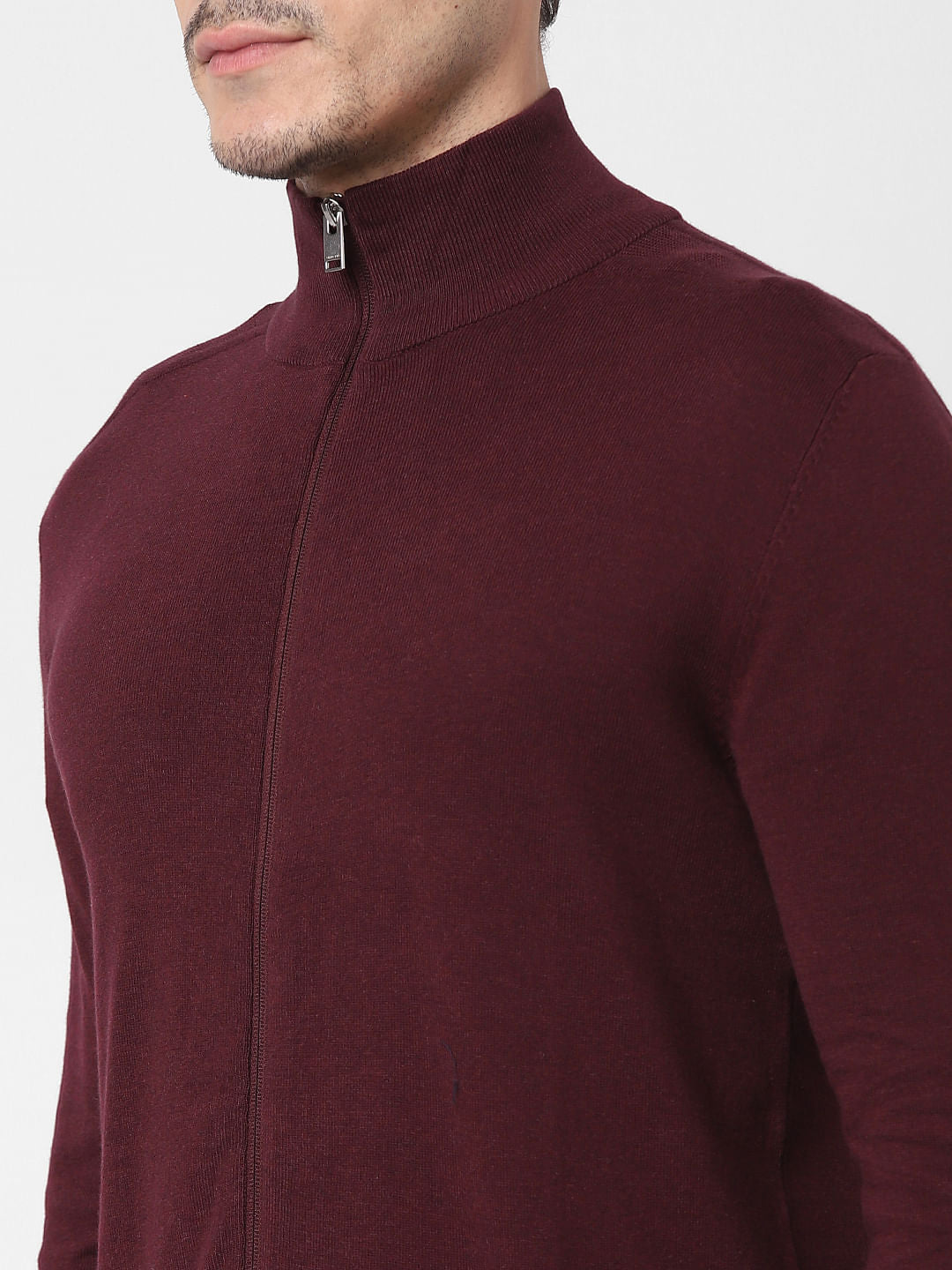 Burgundy Front Zip Open Cardigan
