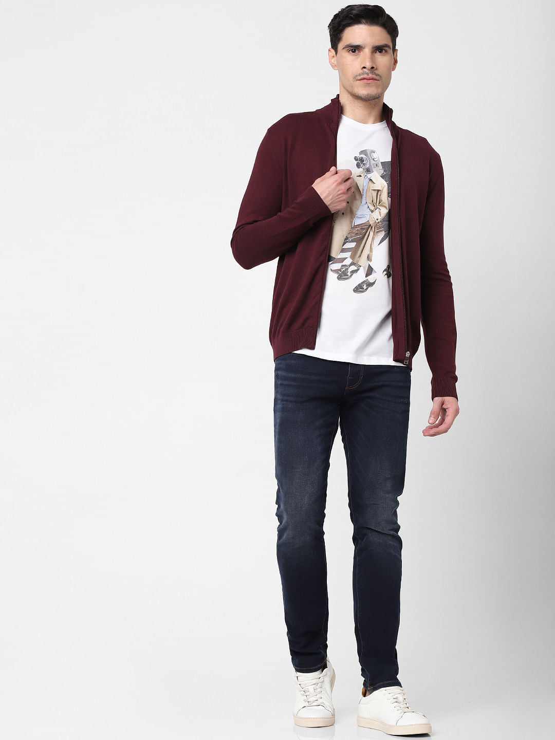 Burgundy Front Zip Open Cardigan
