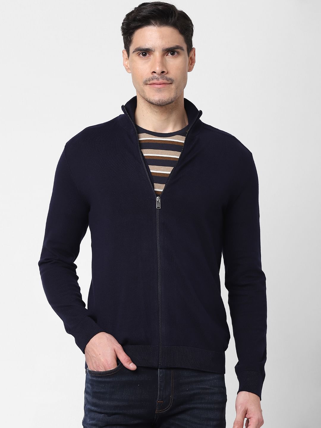 Navy Blue Front Zip Open Cardigan