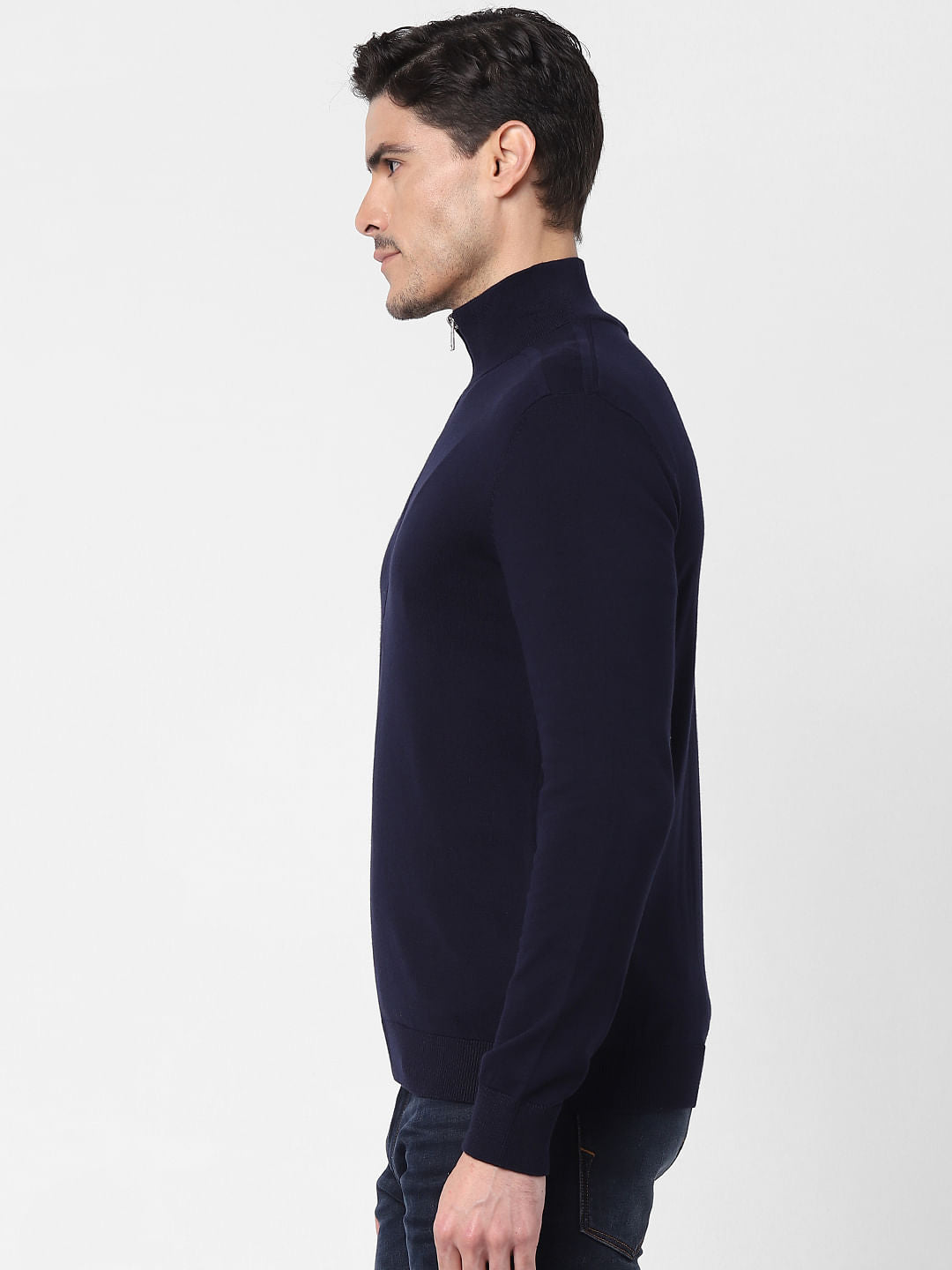 Navy Blue Front Zip Open Cardigan
