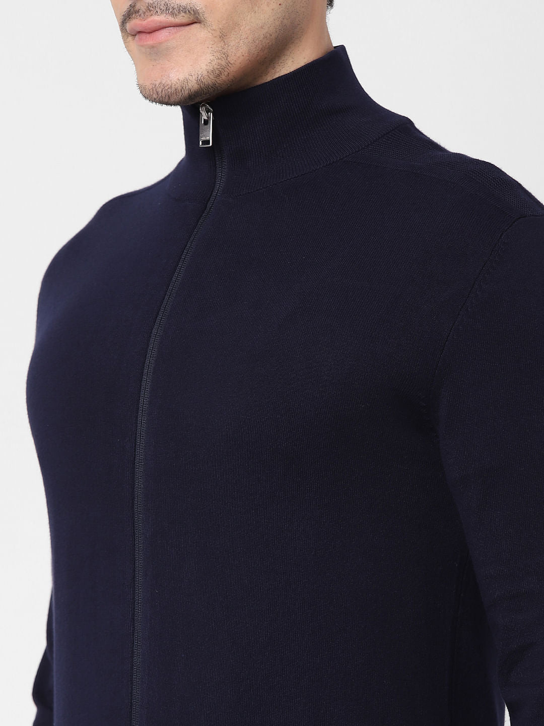 Navy Blue Front Zip Open Cardigan