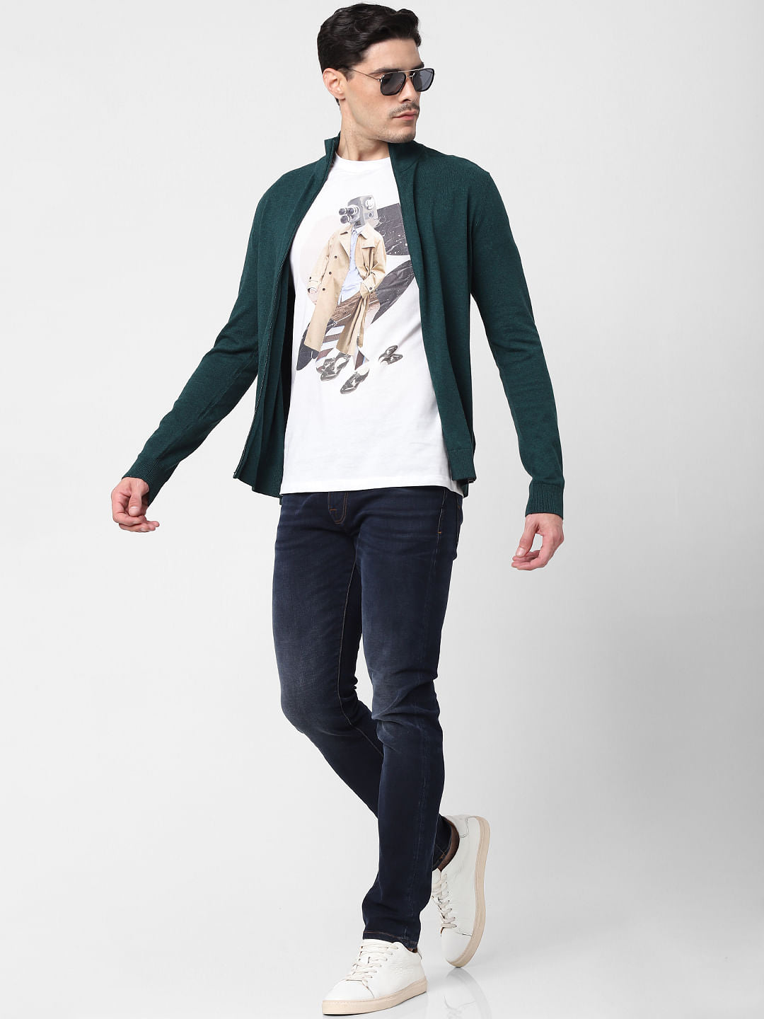Green Front Zip Open Cardigan