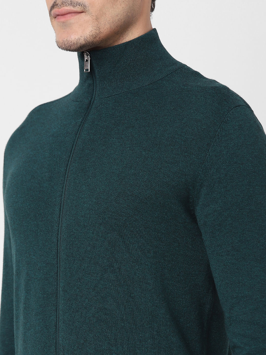 Green Front Zip Open Cardigan